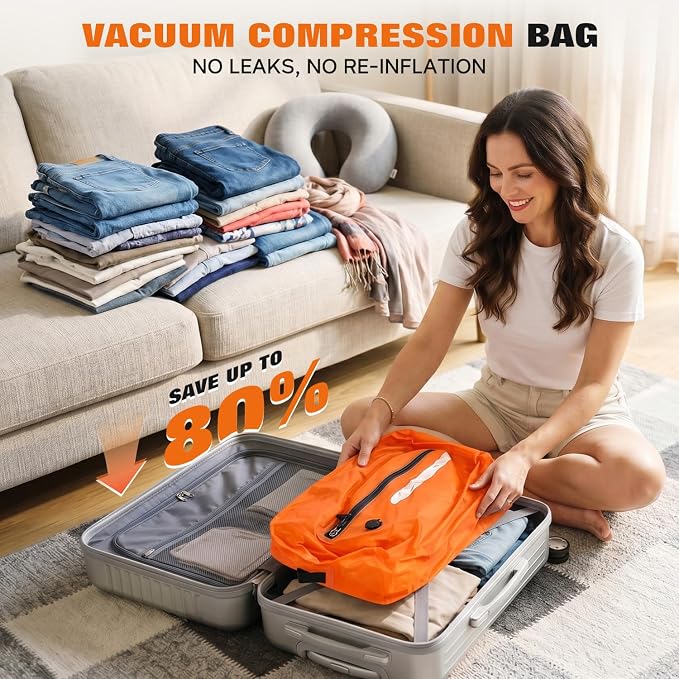 Vacuum Travel Bags With 5500Pa Wired Pump, Vacuum Luggage Bags for Clothes, Compression Bags for Travel, IP68 Waterproof Space Saver Packing Cubes for Suitcase, Backpack & Home Storage (2 Pack + Pump)