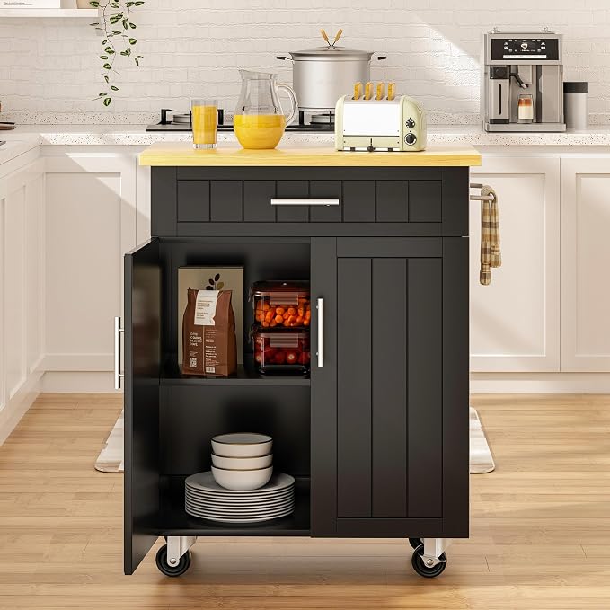 SUNLEI Kitchen Island Cart on Wheels with Storage Cabinet & Drawer, 26" Width Rolling Kitchen Table, Cart Handle for Towel Rack or Free Mobility, Kitchen Cart, Dining Room(Black)