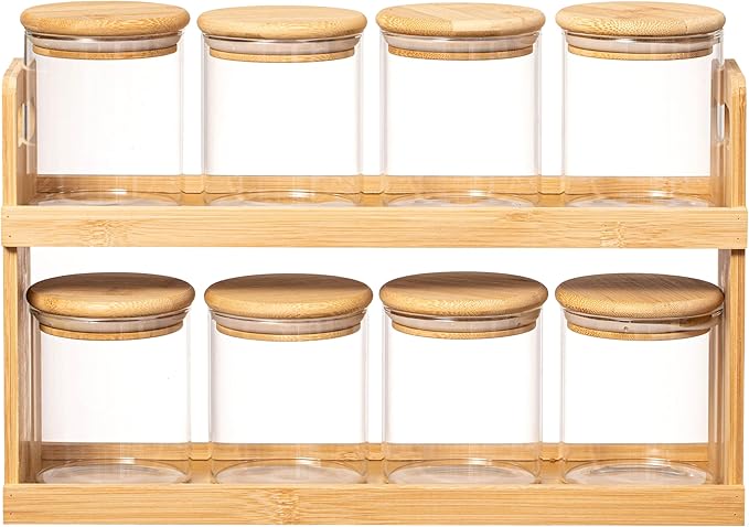 Basicwise Versatile 2-Tier Bamboo Spice Rack and Pantry Organizer with 8 Glass Jars – Perfect for Countertop Storage in Kitchens to Keep Seasoning Containers Neatly Displayed and Easily Accessible