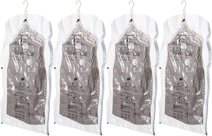 Hanging Vacuum Storage Bags, 4 Pack Short Size 41.3 x27.6 inch, Vacuum Seal Bags for Clothing, Space Saver Garment for Short Clothes, Coats, Suits, Dresses, Closet Oragnization and Storage