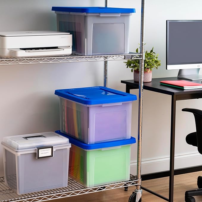 IRIS USA 3-Pack 35 Qt. Letter/Legal File Box with Lid, Clear/Blue | Protect important documents, letter and legal files with secure storage for home offices, moving, and long-term organization