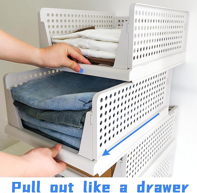 4 Pack Stackable Collapsible Closet Organizer - Sturdy PP Plastic Clothes Storage Bins, Easy to Assemble Space-Saving Organizers for Clothes, Coats, Towels, Toys, RV/Camper Small Spaces
