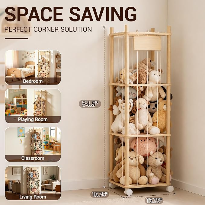 KiddoCood Kids Large Stuffed Animal Storage & Plush Toy Organizer, 54.5" H | 3 Tier Solid Wood Plush Holder, BPA-Free & Zero Glue, CPC & TIC Certified, Corner Solution for Playroom & Nursery