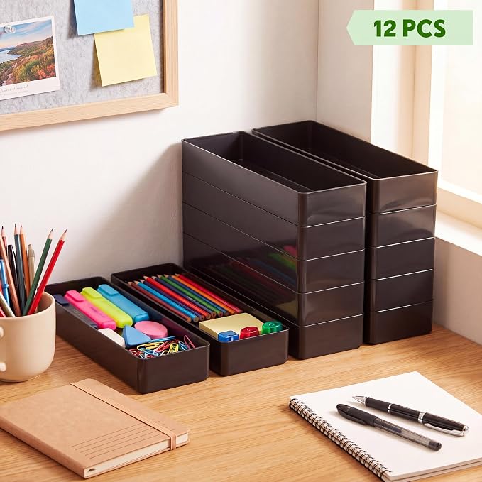 Teling 12 Pcs Black Large Rectangular Desk Organizer Set Half Accessory Tray Plastic Tabletop Organizer for Office Home or Study Dimensions: 9.45 x 2.95 x 1.38 Inches
