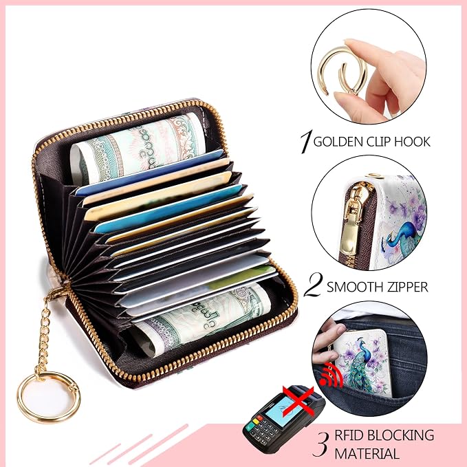 Blusabaca RFID Credit Card Holder Small Women Travel Wallet, Peacock | Removable Keychain, Case with Zipper, Vegan PU Leather, Cash Coin Pocket, Business Accordion Purse, Ladies Female Gift