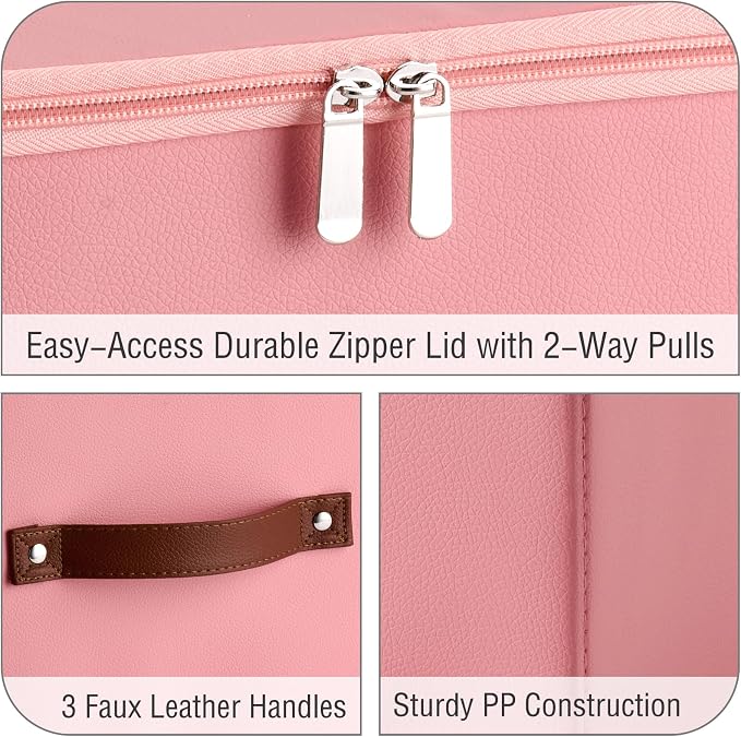 Storage Bin Box with Zippered Lid Decorative PU Leather Basket | Foldable Washable Stackable Clothing Container, Lidded Shelf Closet Organizer, with Handles & PP Plastic Boards, Pink-Small