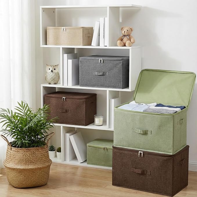 ANMINY Storage Bins with Zipper Lids 36 Qt Lidded Fabric Storage Boxes Baskets Cubes with Handles Collapsible Washable Cotton Linen Closet Shelf Clothes Organizer Containers - Gray, Large
