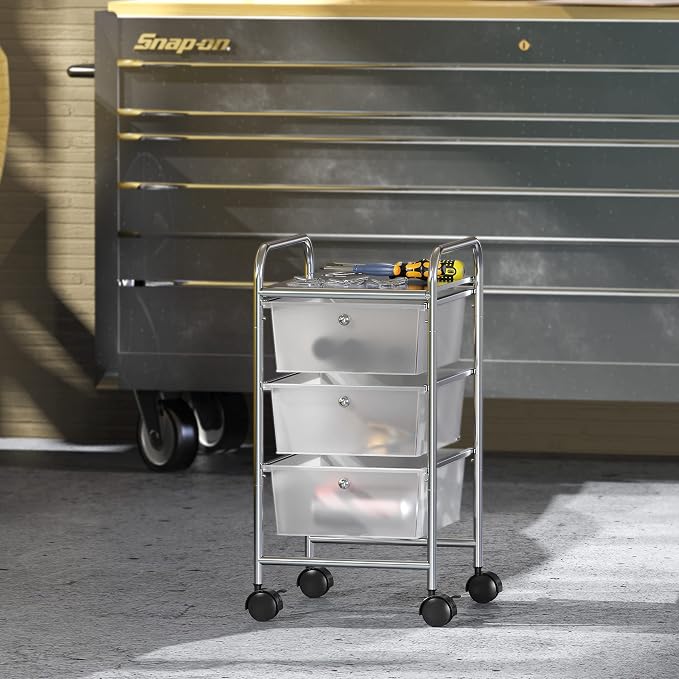 Simple Houseware 3 Drawers Rolling Utility Cart Art Craft Organizer, Chrome | 1-Column, 25.4" Height, Lockable Wheels, for School, Office, Art Craft, and Paper Storage