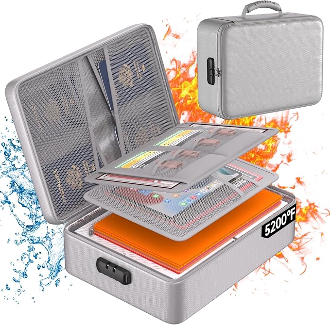 DocSafe 5200°F Fireproof Document Organizer Box with Lock, Silver (Soft) | Heat Insulated 8 Layers File Protection Bag,Water-Resistant Zipper,Portable Home Office Travel Safe Storage for Files,Laptop