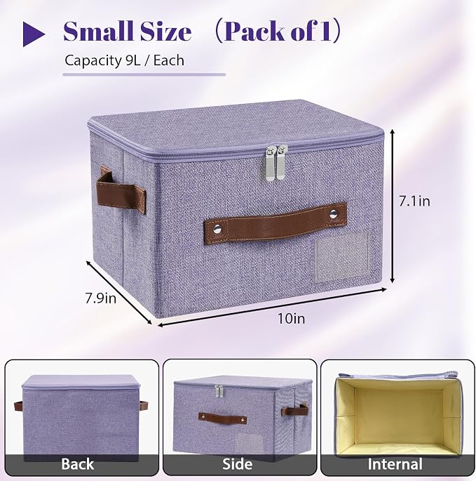 ANMINY Small Fabric Storage Box Bins with Zipper Lid, Washable Purple, 3PCS | Cotton Linen Fabric, PP Board Frame, Label Holder, Stackable & Foldable, PU Handles, Dual-Zipper 3-Side Open Lid