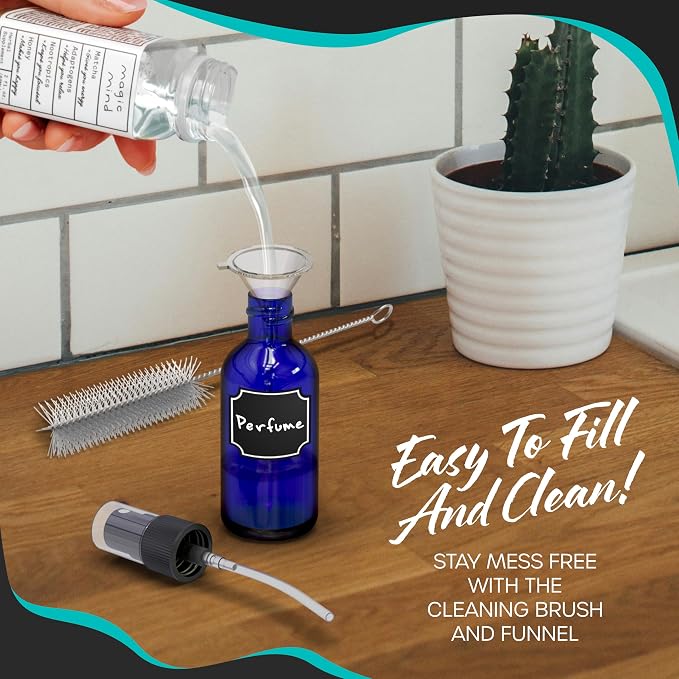 Nevlers Blue Glass Small Spray Bottle 1 Oz 48 Pack Mini Spray Bottle Set | Leakproof Glass Spray Bottles for Cleaning & More w/ Shrink Wrap, Funnel, Brush & Labels | Perfume Travel Refillable Bottles