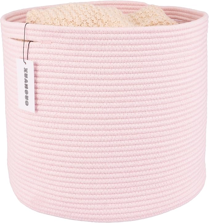 XUANGUO Cotton Rope Woven Basket, 16x14 in Kids Laundry Basket, pink | Round blanket basket and small laundry basket; baby hamper or nursery storage bin for girls, boys, toys, clothes and shoes