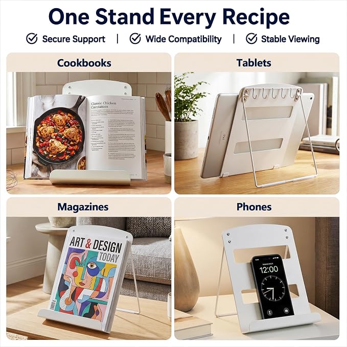 Cookbook Stand for Kitchen Counter,Metal Recipe Book Holder with Hooks,Foldable Reading Rack for Textbooks,Tablets and Magazines,Space Saving Carbon Steel Stand with Non Slip Pads,White