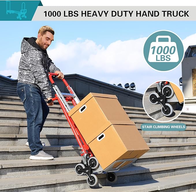 3 in 1 Industrial Convertible Hand Truck Dolly,1000 LBS Capacity Aluminum Hand Truck Dolly,Stair Climbing Hand Trucks Heavy Duty with Rubber Wheels for Moving,Transport(Red)