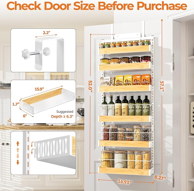 6-Tier White Over the Door Pantry Organizer w/ Adj.Basket for Kitchen Home