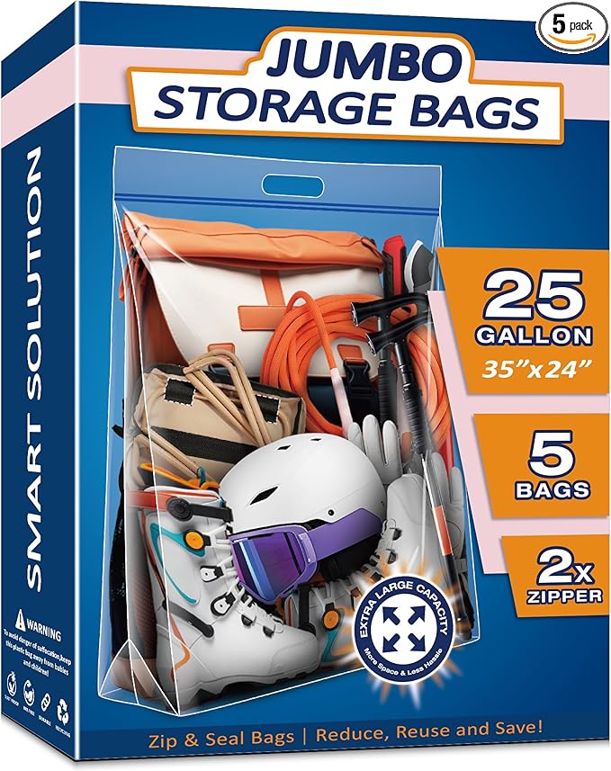 25 Gallon Extra Large Resealable Storage Bags with Zipper Top，35" x 24" Heavy Duty Clear Bags with Handles, 4 Mil Thick, Perfect for Clothing, Pillows, Travel, and Moving (5 Packs)