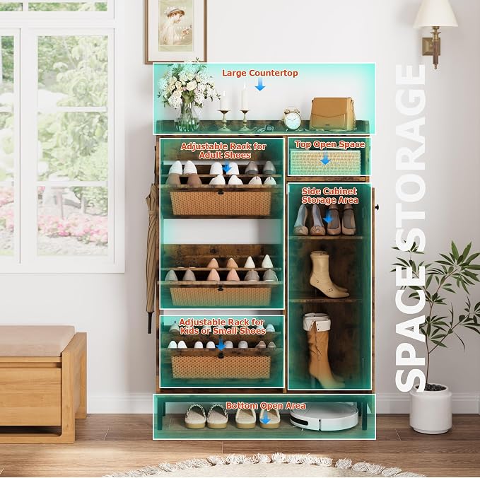 Garvee Shoe Cabinet with 3 Flip Drawers and 4-Tier Shoe Storage Cabinet, Freestanding Shoe Organizer with Adjustable Shelf and Rattan Doors for Entryway, Closet, Hallway