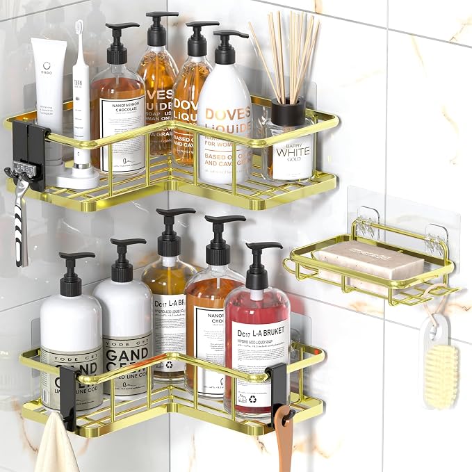 YASONIC Corner Shower Caddy Adhesive, 100% Rustproof Shower Organizer with Soap and Troothbrush Holder, No Drill Shower Shelf for Inside Shower, Wall-Mounted Shower Storage for Homes (3 Pack, Gold)
