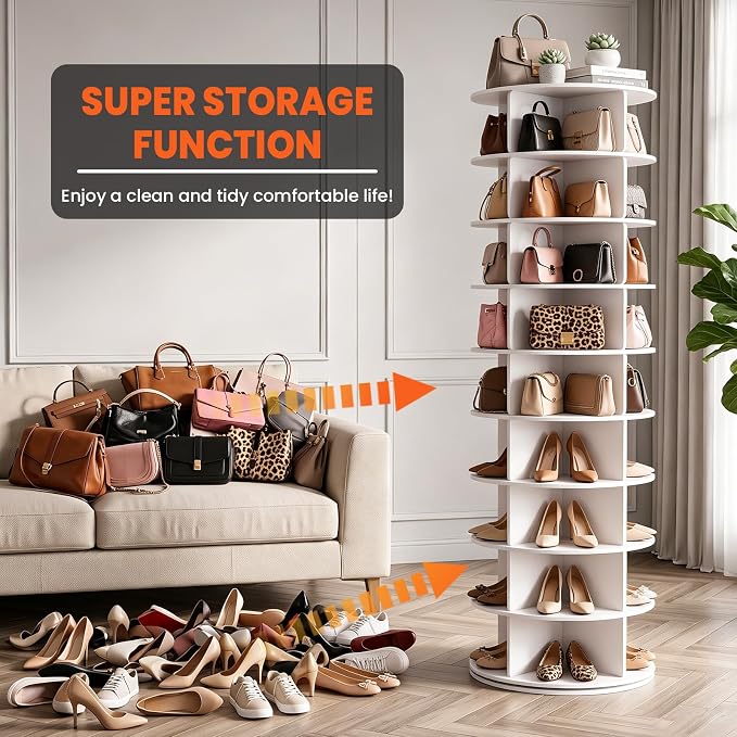 RUNSUNSPRI 9 Tier Rotating Shoe Rack Corner Organizer 360°Rotating Shoe Rack Tower Spinning Shoe Rack Tower for Bedroom Entryway Closet Holds 28-32 Pairs of Shoes Handbags Hats Display Decor