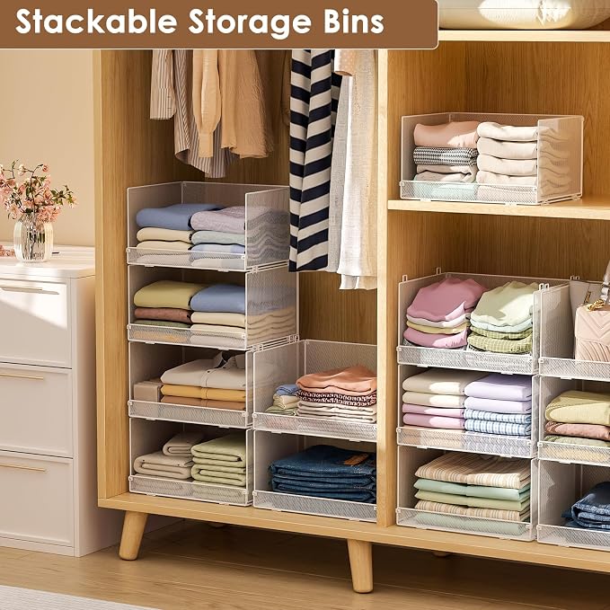 Tiaoheka 4-Tier Stackable Closet Organizers and Storage Shelves, Foldable Closet Shelf Organizer, Stackable Storage Bins Drawers for Closet Organizer System, White(Patent Pending)