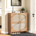 Nicetree Freestanding Ultra Slim Arched Rattan Accent Shoe Storage Cabinet for Entryway - 2 Flip Drawers & 3-Tier Adjustable Shelves, Farmhouse Modern Rustic Shoe Rack for Hallway Foyer,Oak