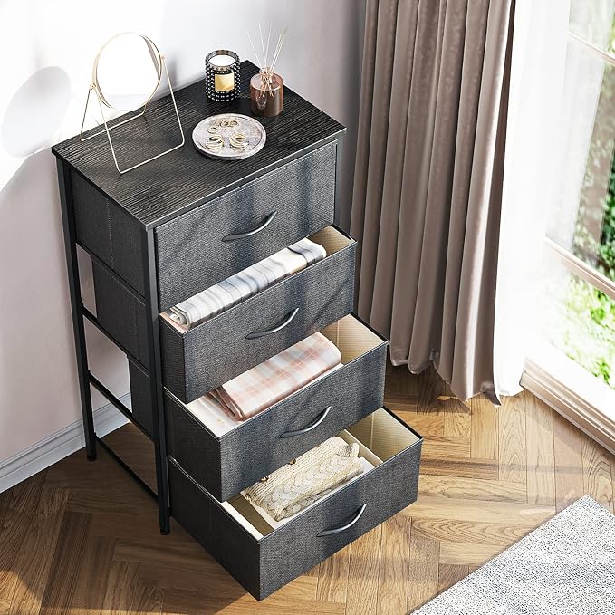 ODK Small Dresser for Bedroom with 4 Storage Drawers, Dark Grey | Dresser Chest of Fabric Drawers with Sturdy Steel Frame for Small Space, Wood Top