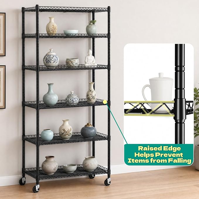 Wire Shelf Rack with 600D Oxford Cover & Wheels, 30"W x 14"D x 72"H | 6-Tier Heavy Duty Wire Shelving with Wheels, Waterproof & Dustproof Shelf Cover for Kitchen, Pantry & Laundry Room