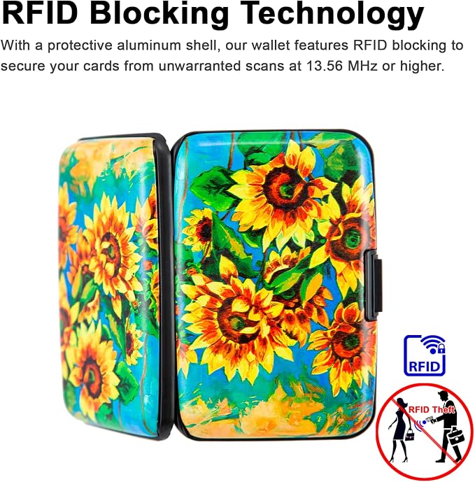 Credit Card Holder, Metal Card Wallet RFID Blocking Mini Slim Aluminum Business Hard Card Case for Women Men (Sunflowers)