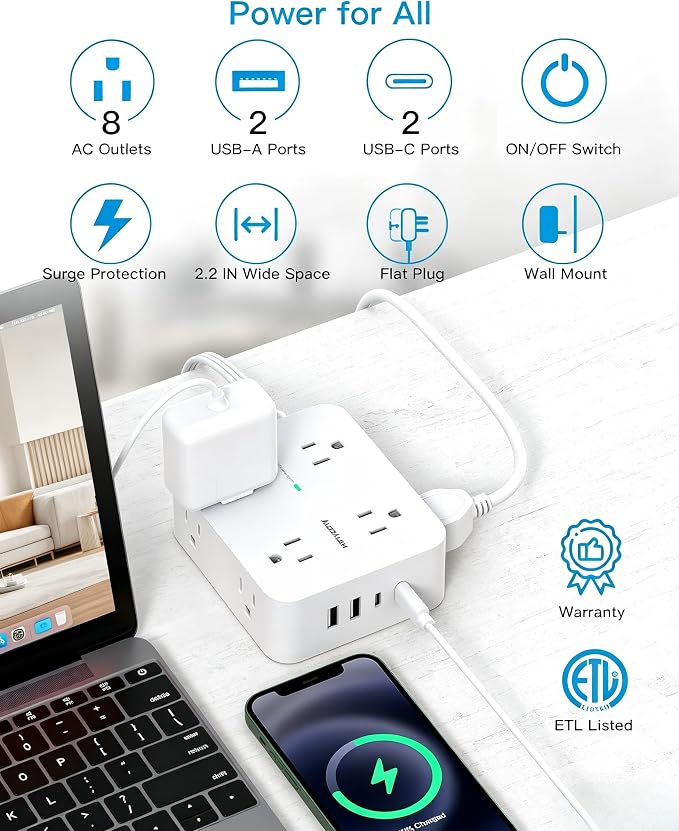25 Ft Extra Long Extension Cord, 1080J Surge Protector Power Strip HANYCONY | Ultra-Thin Flat Plug, 8 Widely Spaced Outlets & 4 USB Ports (2 USB C), for Home, Office, Workshop, Wall Mount Design