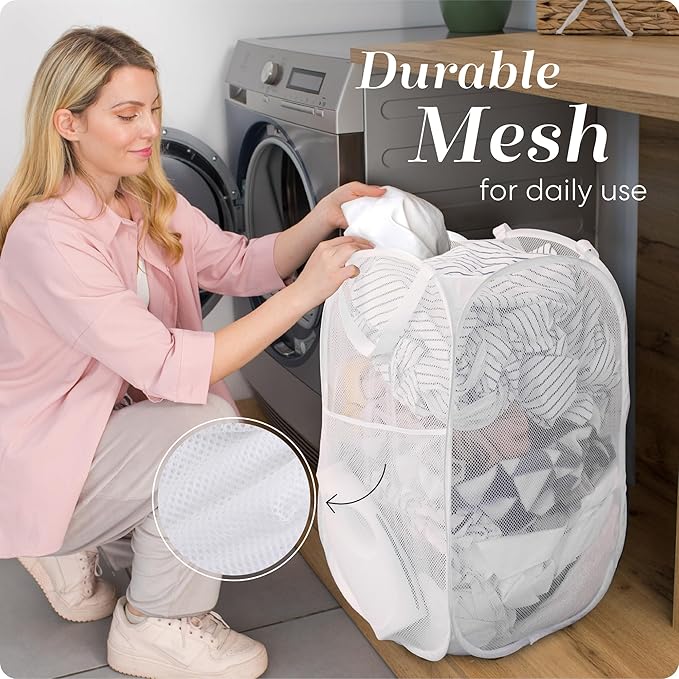 Pop Up Laundry Hamper, Collapsible Mesh Clothes Basket - Handy Laundry 71L Foldable Clothes Basket with Reinforced Handles, Wide Opening and Side Pocket for Dorm, Travel, Cruise, Bedroom (White)