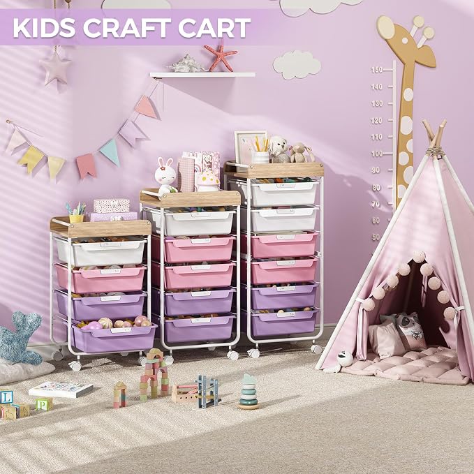 SYKIARIOL Rolling Cart with 6 Drawers,Utility Storage Cart with Drawers,Art Craft Organizers and Storage,Makeup Organizer with Wooden Tabletop,Purple