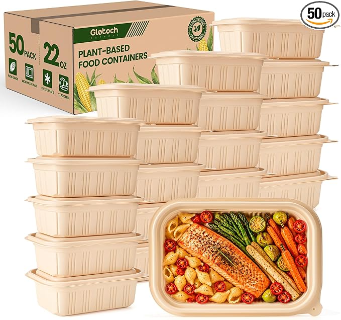 50 Pack (100 Piece) Food Containers with Lids, 22oz Meal Prep Containers Reusable Plant-based Cornstarch Lunch Box BPA Free Small Disposable Take Out Togo Boxes for Salad Microwave & Freezer Safe