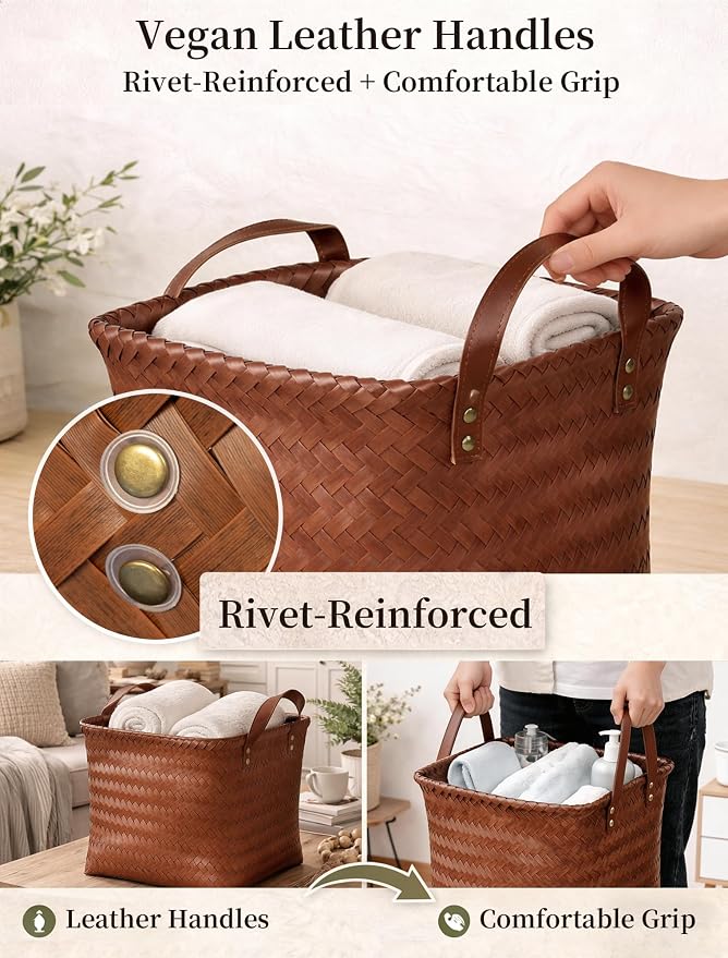 Hand Woven Baskets for Storage, 4Pcs Water-Resistant Wicker Baskets, Brown Wicker Storage Baskets for Shelves, Large Basket with Handle for Organizing, Clothes, Laundry, Blanket - Square