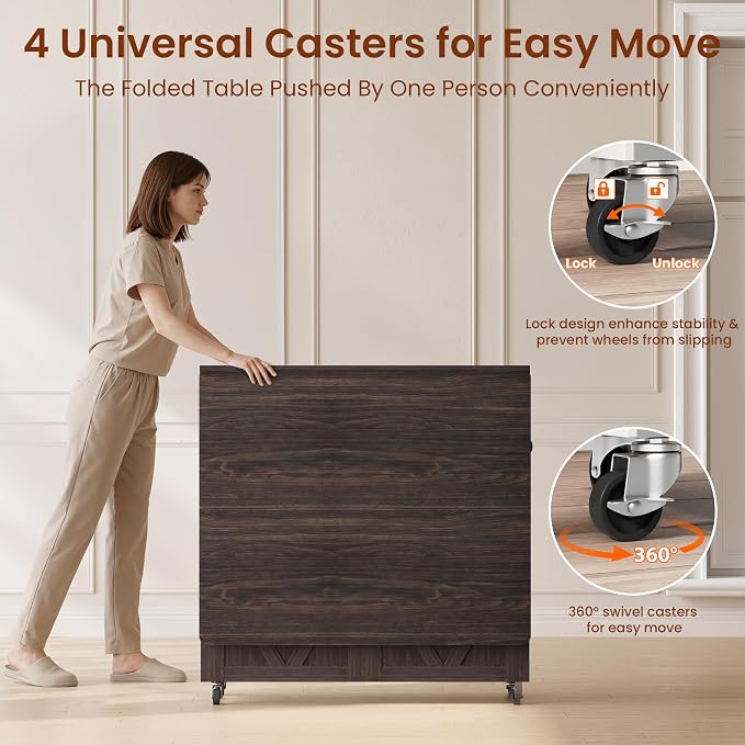 Jocoevol Folding Dining Table for Small Spaces, Space Saving Foldable Kitchen Table with Drawer & 2-Tier Storage Shelf, Rolling Expandable Dining Table with Wheels, Farmhouse, Dark Walnut