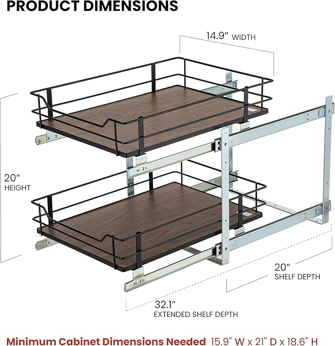 Home Zone Living Pull Out Kitchen Cabinet Organizer with 2 Tiers of Storage for Easy Access, 15”W x 20”D, Matte Black With Dark Brown, Virtuoso Collection