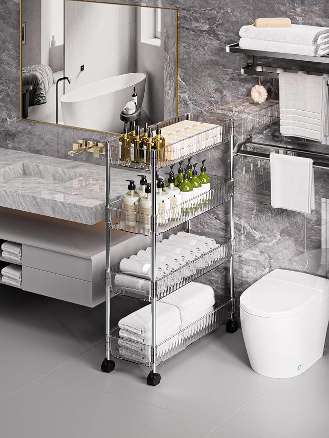 Sooyee Slim Rolling Storage Cart, 4 Tier, Clear | Bathroom Rolling Utility Cart Storage Organizer, for Office Bathroom Kitchen Laundry Room Narrow Places