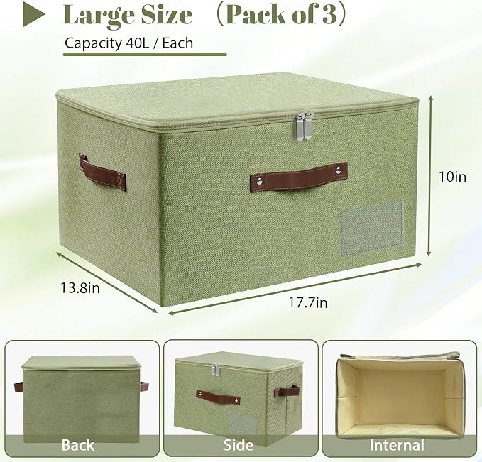 ANMINY Fabric Storage Box Bins with Zipper Lid, Washable Green, 3PCS | Cotton Linen Fabric, PP Board Frame, Label Holder, Stackable & Foldable, PU Handles, Dual-Zipper 3-Side Open Lid, Large