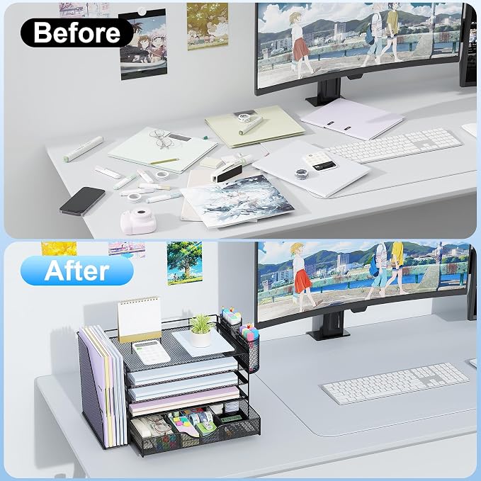 gianotter 5-Tier Desk Organizer with Drawers, File Holders, Letter Trays and Pen Holders - Workspace Accessories for Office Supplies (Black)