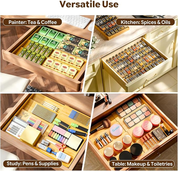 Simple Trending Bamboo Spice Drawer Organizer, 4-Tier Expandable Drawer Seasoning Storage Insert, Kitchen Spice Rack for Cabinet, Countertop (Jars not included, From 12.25" to 21.65" Wide)