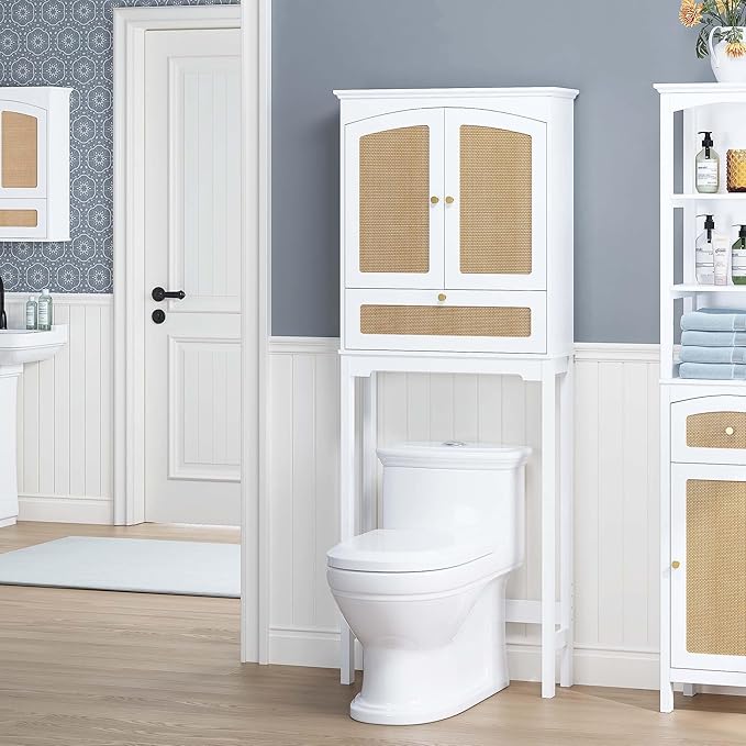 Spirich Over the Toilet Storage Cabinet with Arched Rattan Doors, White | Tilt-Out Storage Cube, Adjustable Shelf, 33-Inch Clearance, Anti-Tip Bracket, Freestanding Bathroom Organizer for Toiletries