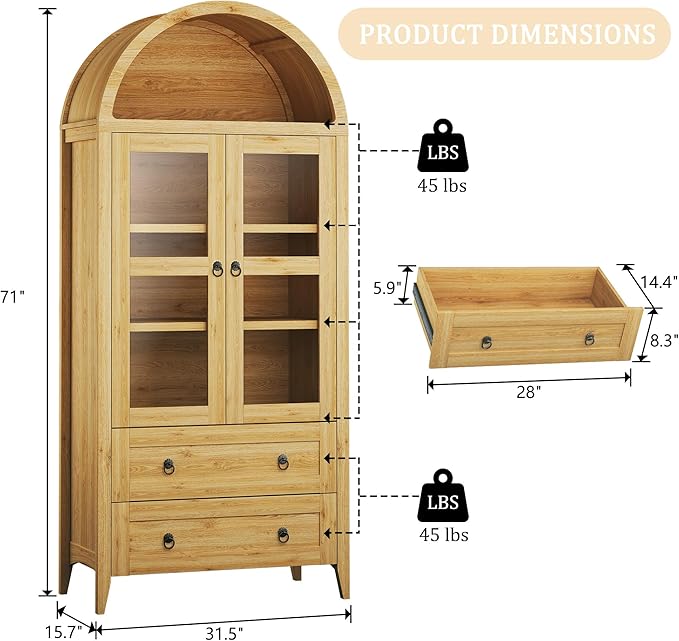 71" Tall Arched Kitchen Pantry, Pantry Cabinet, Kitchen Storage Cabinets with 2 Large Drawers & Adjustable Shelves & Glass Door for Living Room,Dining Room, Natrual