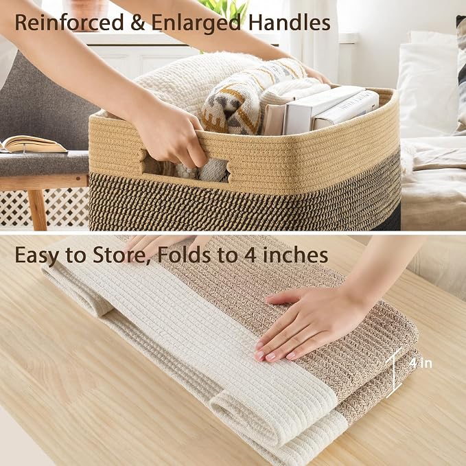 Optish 75L Large Blanket Basket, Woven Storage Baskets with Reinforced Handles, Rope Laundry Basket for Living Room, Bedroom, Nursery, Toys, Clothes,Pillows, 22” x 17” x 11.5”, White & Brown