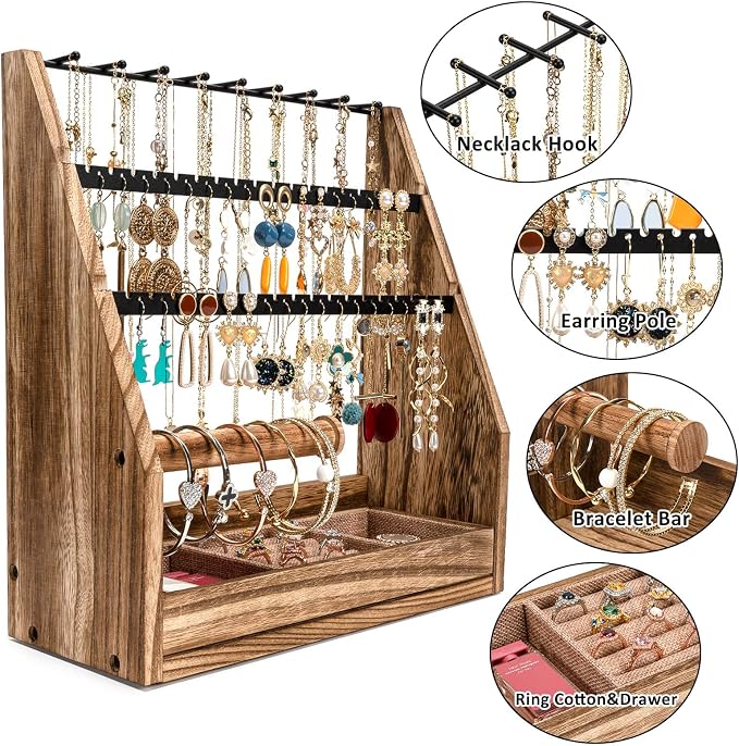 DGWJSU Jewelry Organizer Stand, 5 Layer Earring Holder Organizer with Necklace Holder, Rustic Wood Earring Organizer Display for Stud Earring Bracelet Necklace Ring, Watches