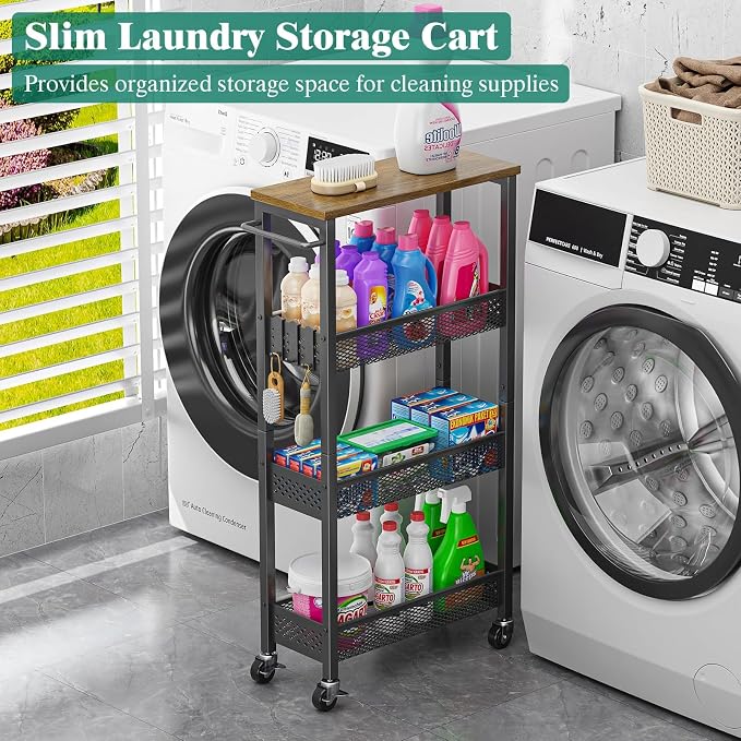 Giwil Slim Rolling Storage Cart 4 Tier Bathroom Organizer Mobile Shelving Unit Utility Cart with Wood Top and Handle for Kitchen Laundry Narrow Places, Black