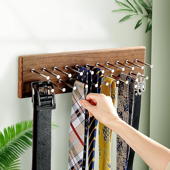 TreeHouse London Tie Rack Organizer – Holds 40 Large Ties – Solid Wood & Sturdy Metal Storage Holder for Closet – Wall Mounted Tie Display Hanger for Wall, Bedroom - (Walnut Tie Rack) 16" L X 4.25" H