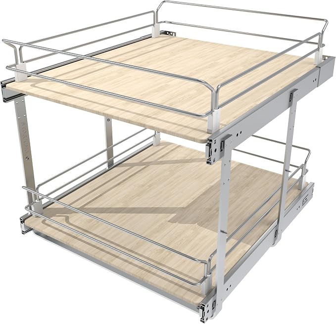 2 Tier Pull Out Cabinet Organizer 20.08" W X 22" D, Wood & Chrome | Full Slide Out Drawers For Kitchen Cabinets, Cabinets Capacity Heavy Duty Caddy, Cabinet Pullout Shelves , Pantry Storage