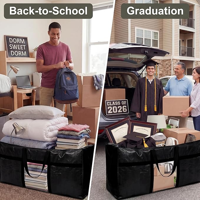 4 Pack 66 Gallon Extra Large Moving Bags with Visible Window XXL Heavy Duty Storage Bag Jumbo Big Tote for College Dorm Clothes Blankets Space Saving Alternative to Moving Boxes(Black)
