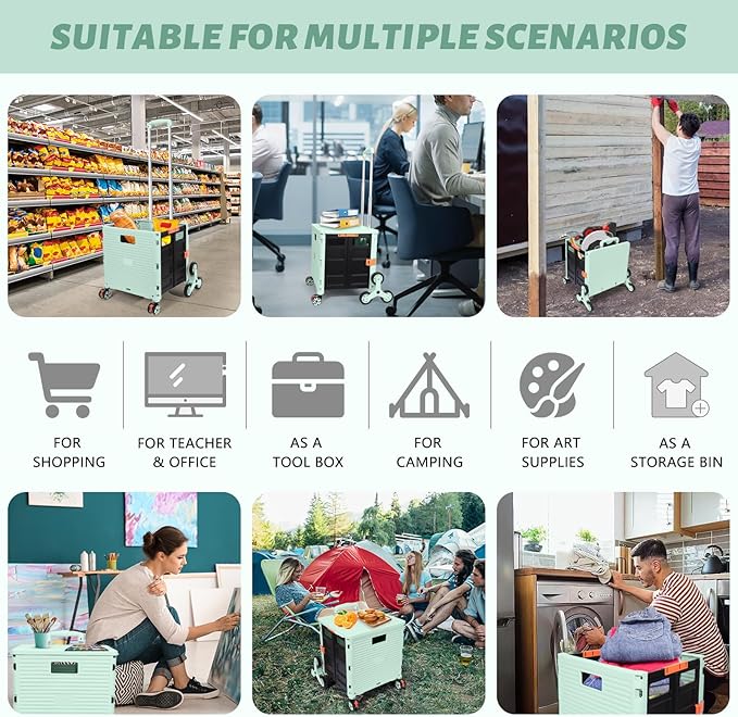 FELICON SELORSS Folding Utility Cart Portable Rolling Crate Handcart with Stair Climbing Wheels&360°Swivel Wheels Telescoping Handle Plastic Box Dolly for Travel Shop Move Office Teacher Use(Green)