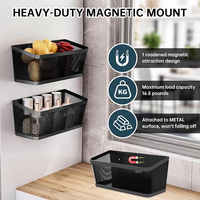 2Pcs Magnetic Spice Rack for Refrigerator, Black Magnetic Shelves | Powerful Magnet Hanging Basket Holder, Magnetic Organizer Shelf for Fridge, For Seasonings Fruit Vegetables Coffee Beans