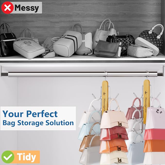 Purse Hanger, 2 Pack Purse Organizer for Closet with 16 Hooks for Heavy Bags, Sturdy Bag Storage, Rotatable Handbag Holder, Purse Rack Space Saving Backpack Hanging Closet Organizer Hangers